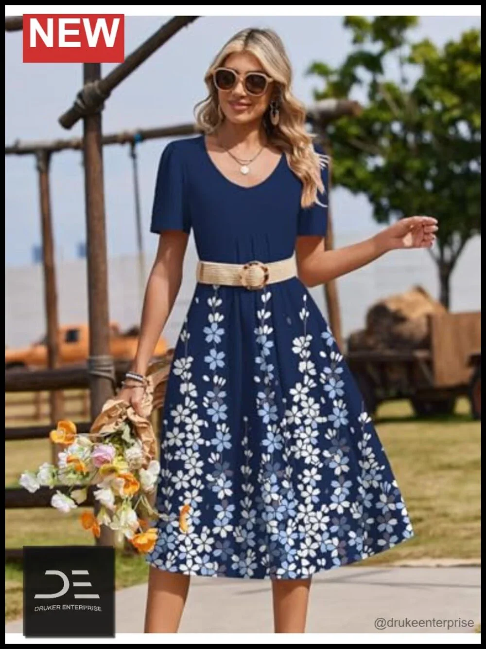 Women's Casual Floral Midi Sundress with Pockets V Neck Pleated Short Sleeve